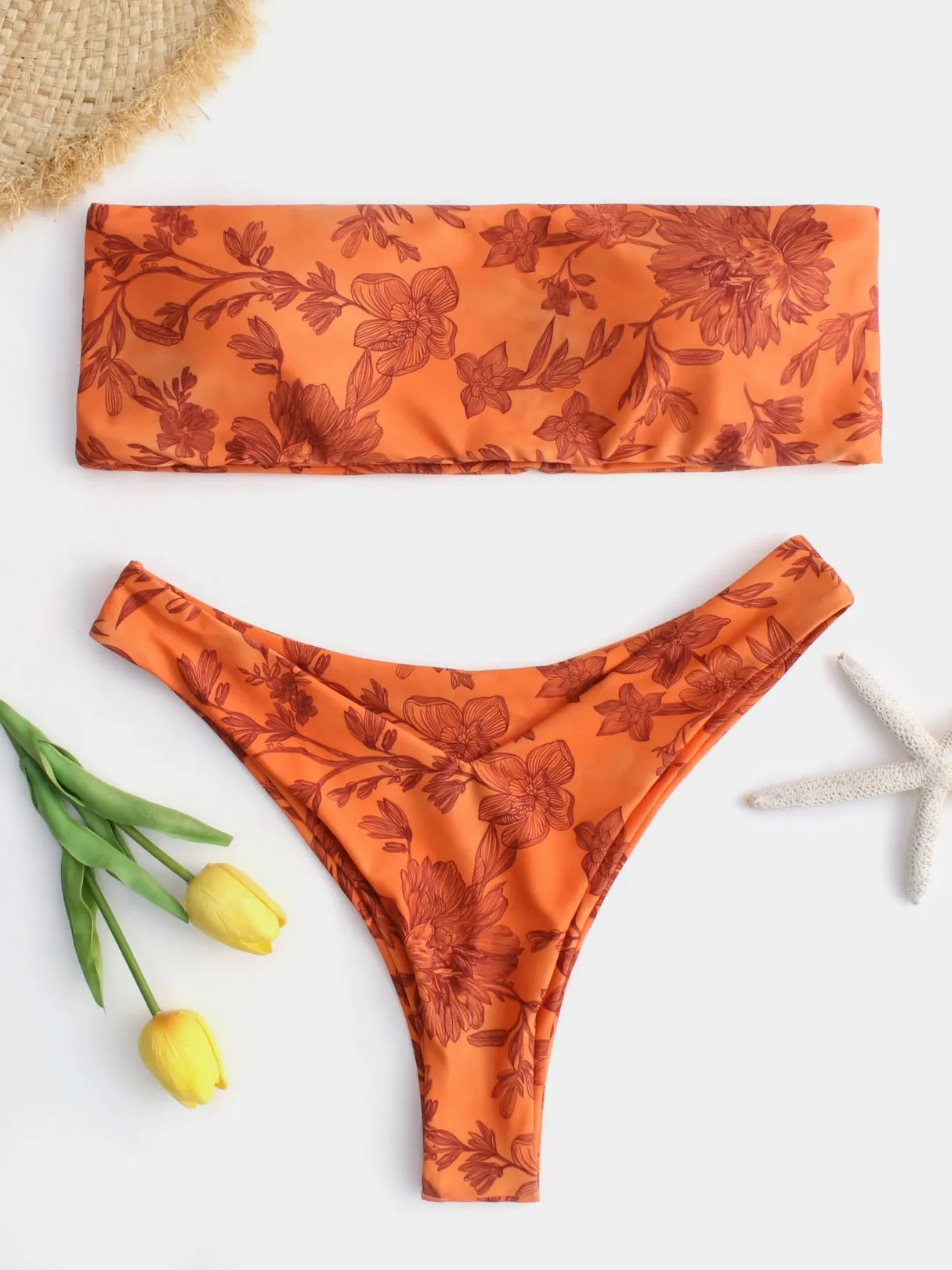 Wholesale Orange Off The Shoulder Floral Print Bikini Suit