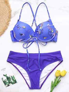 Wholesale Purple V-Neck Sleeveless Floral Print Criss-Cross High Waist Two Piece Bikinis