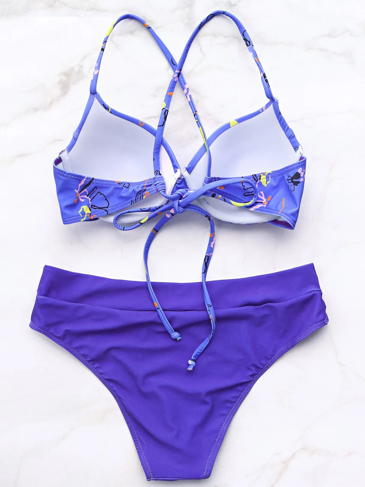 Wholesale Purple V-Neck Sleeveless Floral Print Criss-Cross High Waist Two Piece Bikinis