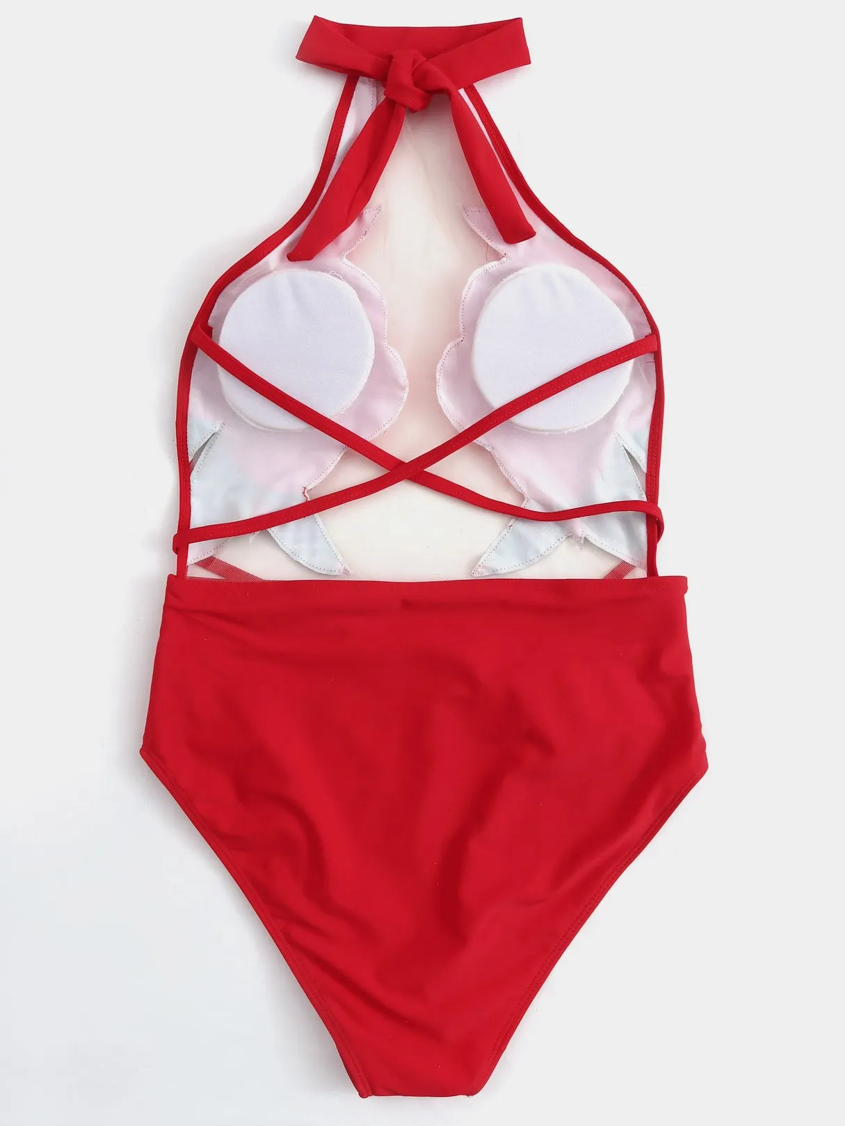 Wholesale Red Halter Floral Print Backless See Through Criss-Cross Tie-Up Bikinis