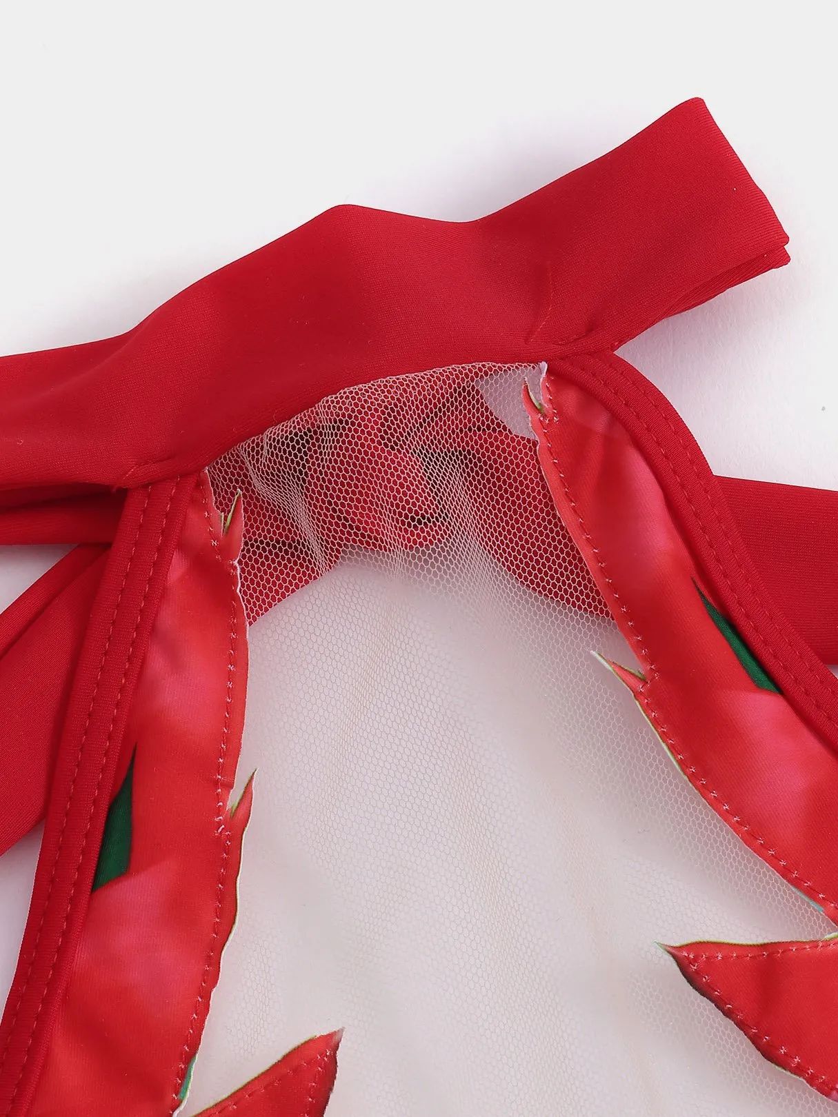 Wholesale Red Halter Floral Print Backless See Through Criss-Cross Tie-Up Bikinis