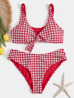 Wholesale Red V-Neck Sleeveless Grid Bikini Sets
