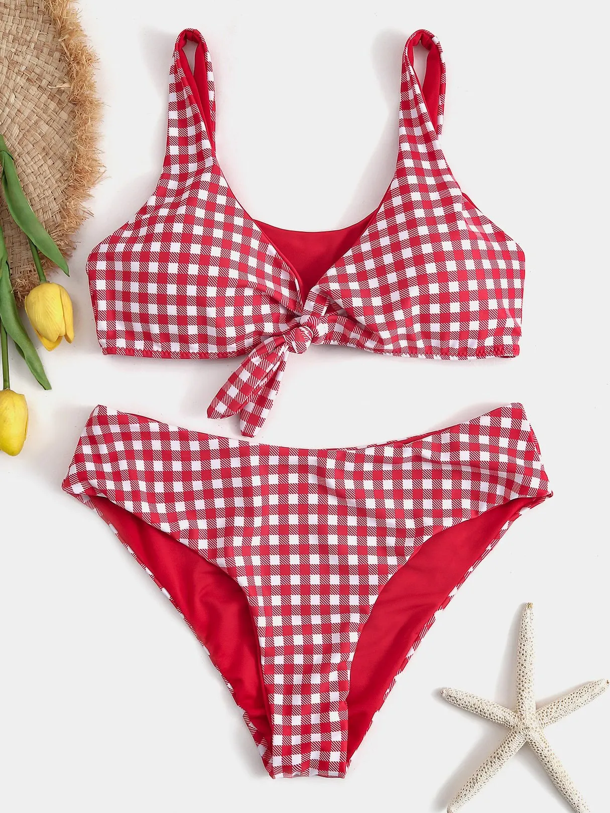 Wholesale Red V-Neck Sleeveless Grid Bikini Sets