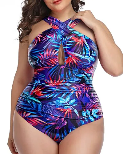 Womens Front Cross Plus Size One Piece Swimsuits Tummy Control Keyhole Swimwear