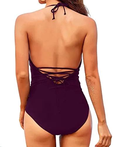 Women's Full Coverage One Piece Swimsuits For Teen Girls-Maroon