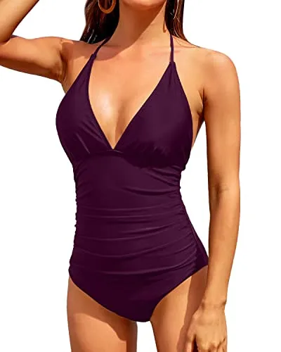 Women's Full Coverage One Piece Swimsuits For Teen Girls-Maroon