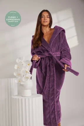 Womens Organic Hooded Robe in Aubergine