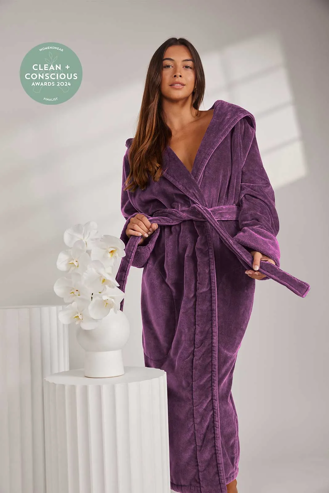 Womens Organic Hooded Robe in Aubergine