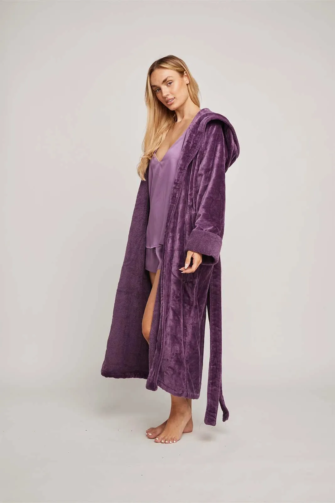 Womens Organic Hooded Robe in Aubergine