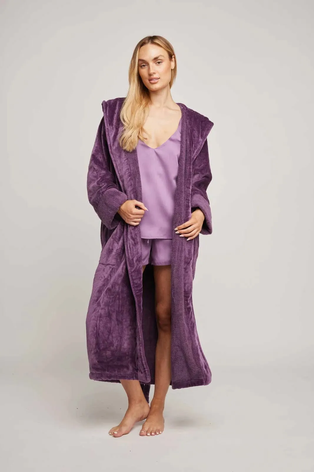 Womens Organic Hooded Robe in Aubergine