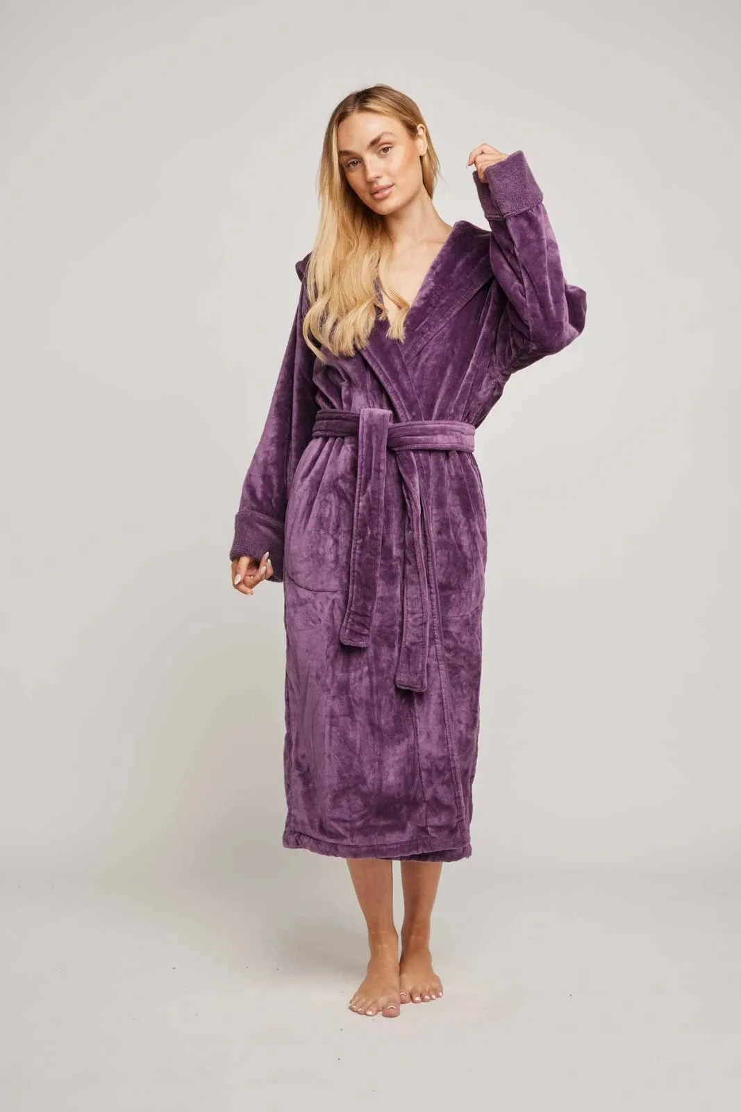 Womens Organic Hooded Robe in Aubergine