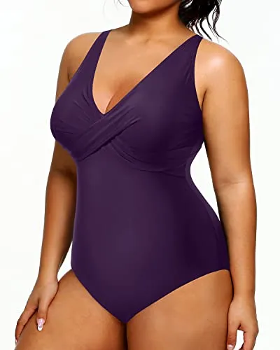 Women's Slimming One Piece V-Neck Plus Size Swimsuits-Dark Purplish Red