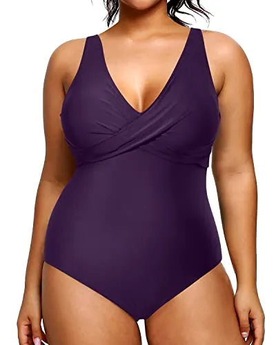 Women's Slimming One Piece V-Neck Plus Size Swimsuits-Dark Purplish Red