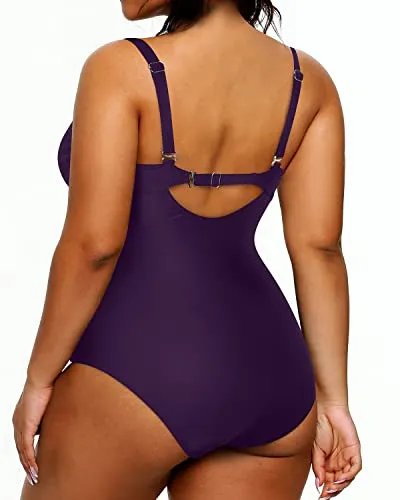 Women's Slimming One Piece V-Neck Plus Size Swimsuits-Dark Purplish Red