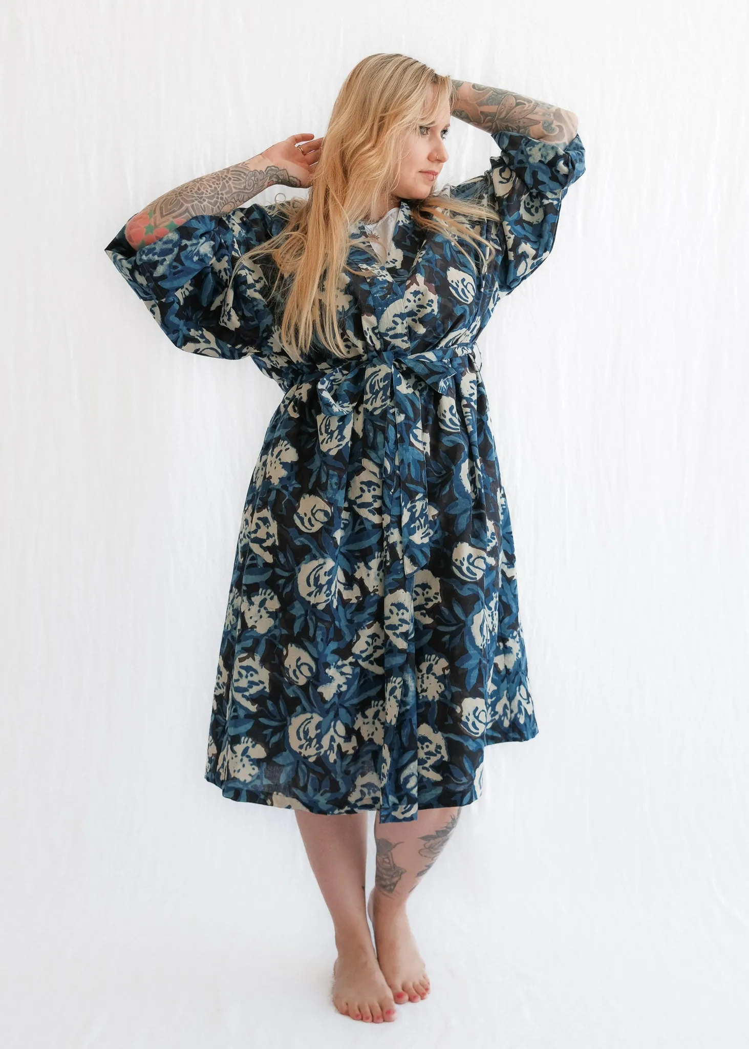 Yayla Robe - Organic Cotton Block Print - Indigo Dream