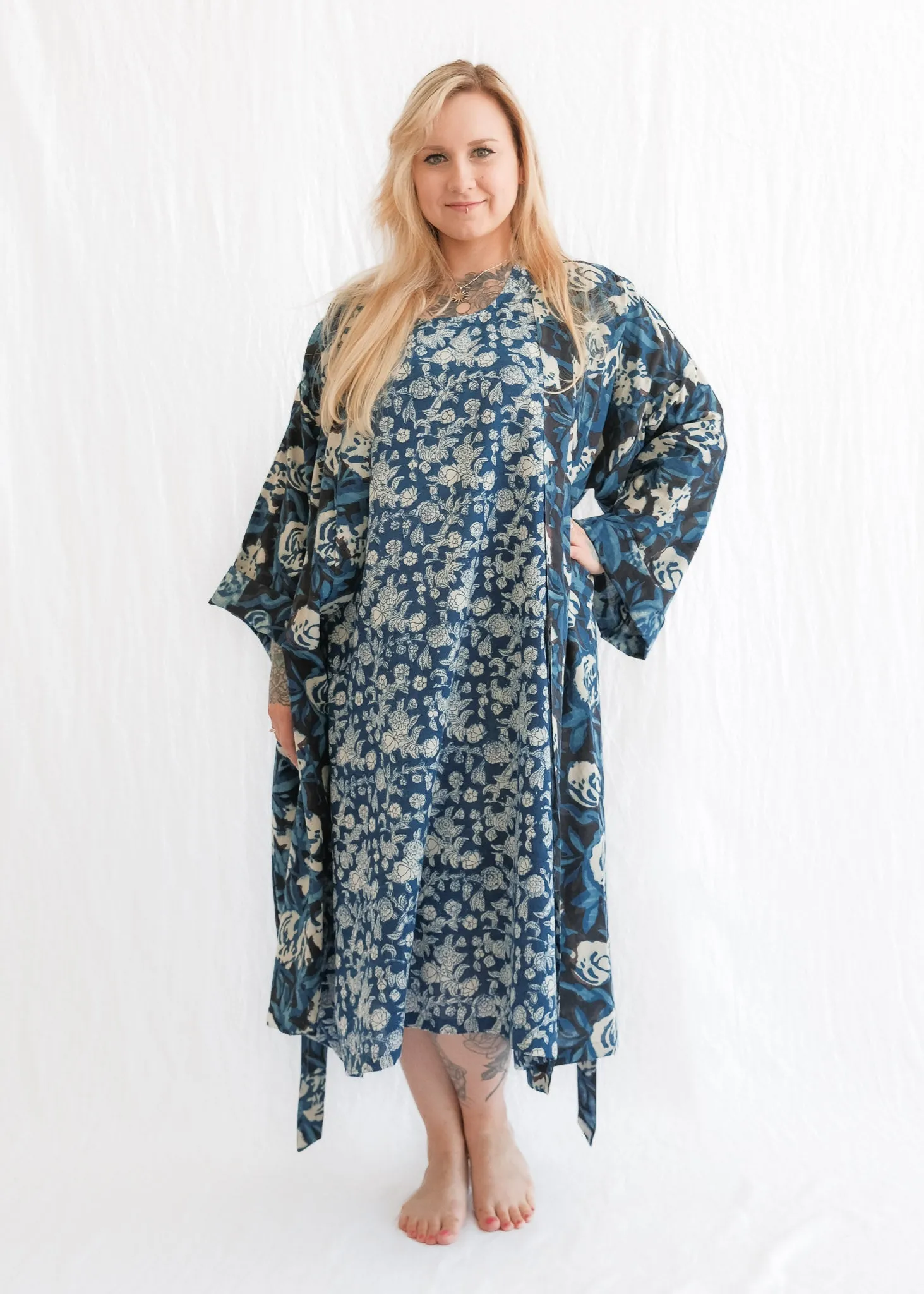 Yayla Robe - Organic Cotton Block Print - Indigo Dream